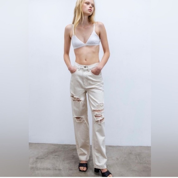 BDG High Rise Baggy Jeans Cream Distressed Wide Leg High Rise Waist - Picture 1 of 9